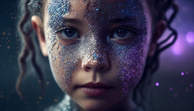 Generative AI image of a young gorgeous girl with glitter on her face enjoying an edm festival