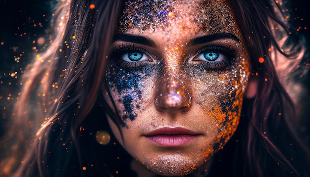 Generative AI image of a young gorgeous girl with glitter on her face enjoying an edm festival