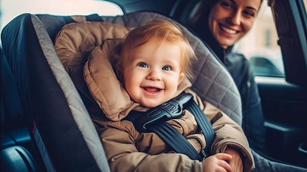 車の安全シートに息子を乗せて微笑む若い母親の生成 AI 画像