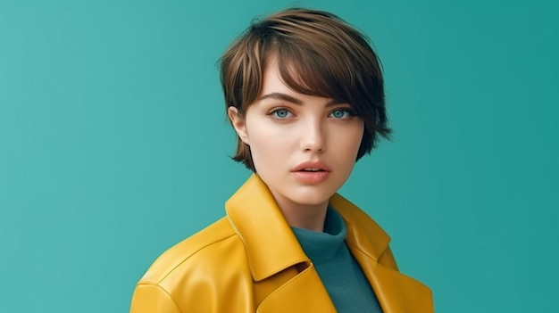 Photo generative ai image of a young woman with short hair standing with a jacket and a silk bra on turquoise