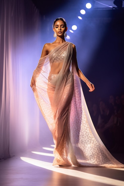 패션쇼에서 길고 하얀 웨딩드레스를 입은 생성적 AI 인도 여성
