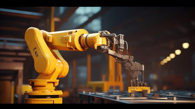 Generative AI Industrial robot arm loading carton on conveyor in manufacturing production line