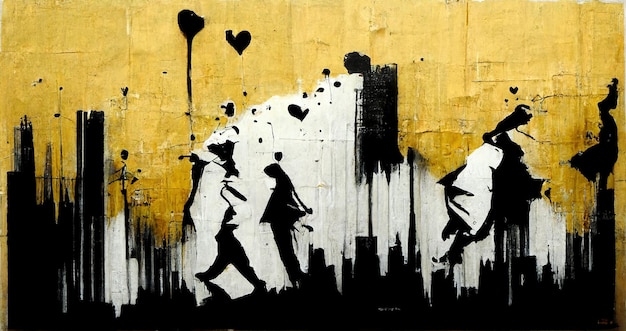 Generative AI Ink black street graffiti art on a textured paper vintage background inspired Banksy