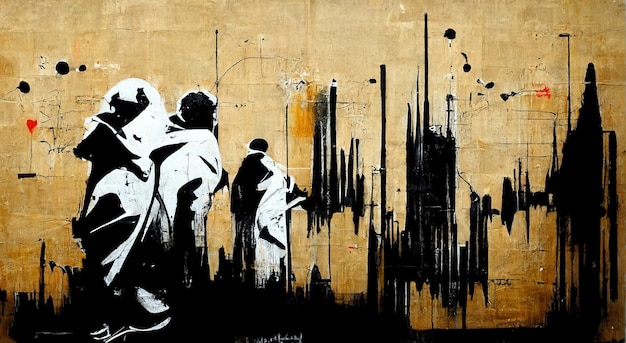 Generative AI Ink black street graffiti art on a textured paper vintage background inspired Banksy