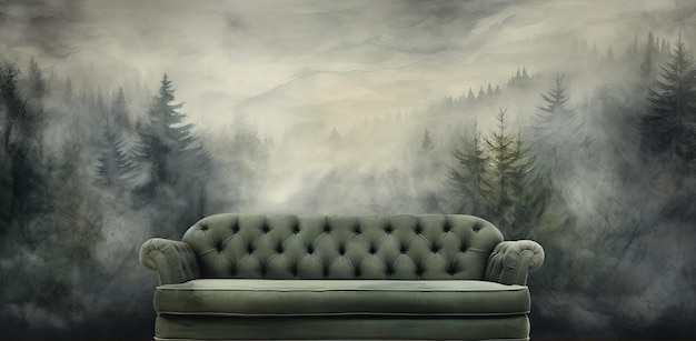 Generative AI Interior design with couch sofa and wallpaper of fir forest beautiful landscape