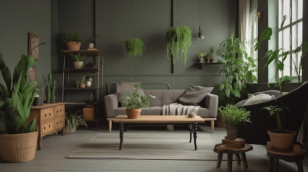 Generative AI interior of a living area with a sofa and green plants