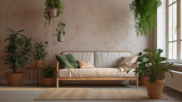 Generative AI interior of a living area with a sofa and green plants