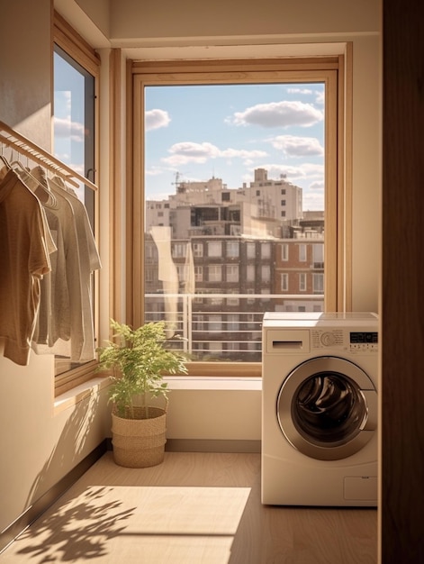 Генеративный ИИ Интерьер настоящей прачечной со стиральной машиной у окна дома
