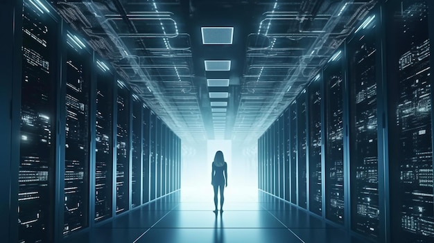 Generative AI is being used by a female chief technology officer of a big data center who is standing in a warehouse and activating servers