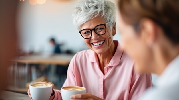 Generative AI is being used by a retired older woman with short grey hair while she enjoys coffee with her neighbour