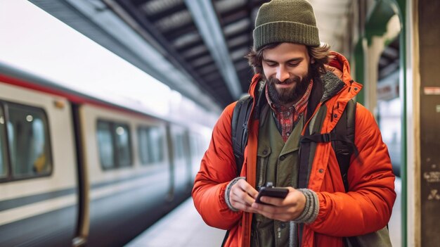 Generative AI is being used by a young guy hipster who is gazing at smartphones at a city tram stop