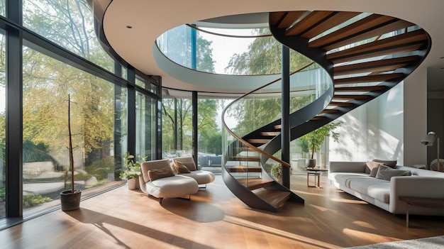 Generative AI is in a contemporary living room with floor to ceiling glass windows on the left and curving stairs leading upstairs on the right