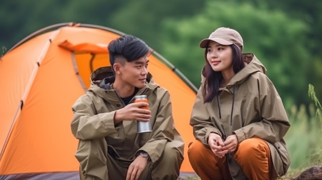 Generative AI is used by an Asian couple who is enjoying coffee while camping outside