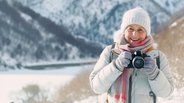 年配の女性が雪を頂いた山の写真を撮るために生成 AI を使用