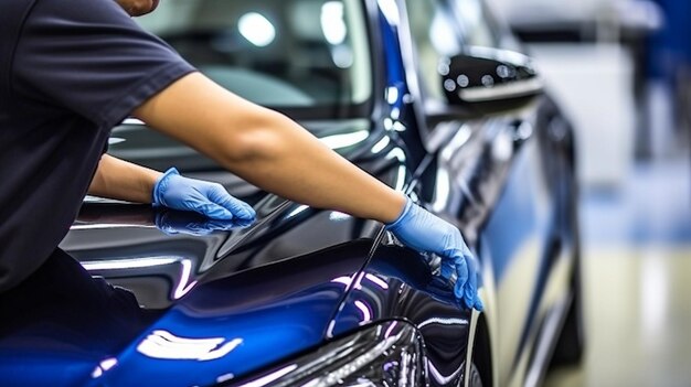 Generative AI is used by a service technician to polish an automobile during auto detailing