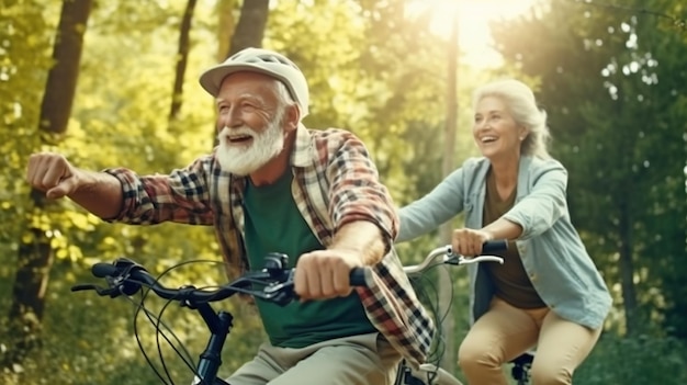 Generative AI is used by a young joyful elderly couple to enjoy outdoor recreation