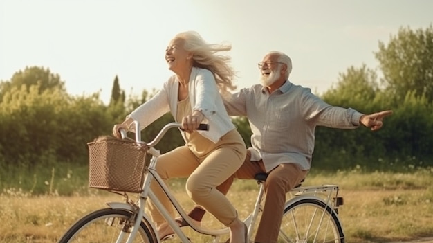 Generative ai is used by a young joyful elderly couple to enjoy outdoor recreation