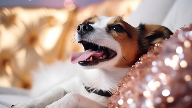 Photo generative ai the jack russell terrier dog sitting on a white luxurious sofa