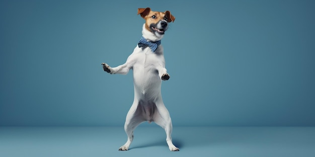 Generative AI Jack russell trick Dog sitting on hind legs begging behaviour Isolated on blue bac