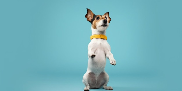 Generative AI Jack russell trick Dog sitting on hind legs begging behaviour Isolated on blue bac