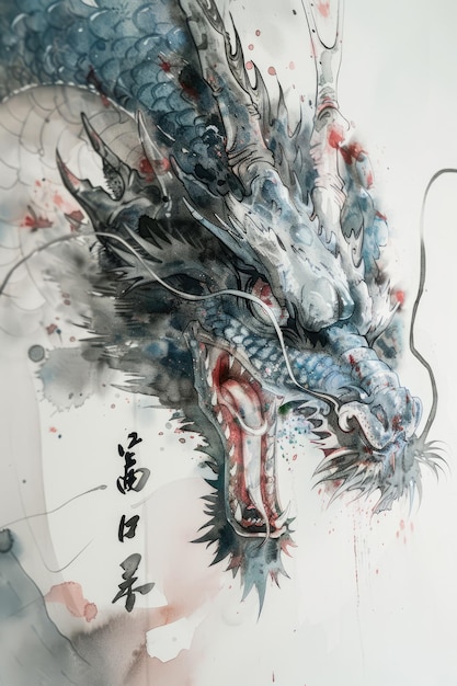 Generative AI Japanese colorful artwork poster with watercolor dragon vintage painting