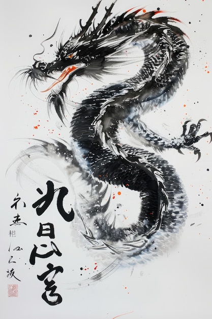 Generative AI Japanese colorful artwork poster with watercolor dragon vintage painting