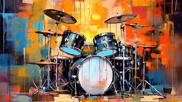 Photo generative ai jazz music street art with drums musical instrument silhouette ink colorful graffiti art on a textured wall canvas background