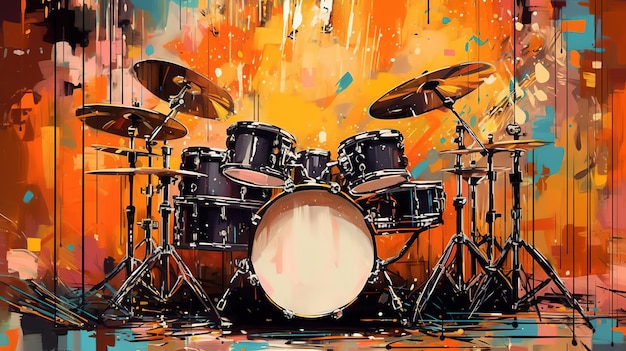 Photo generative ai jazz music street art with drums musical instrument silhouette ink colorful graffiti art on a textured wall canvas background