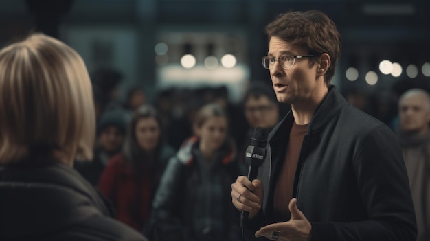 Photo generative ai journalist interviewing a public figure holding a microphone focused on the conversation media equipment visible