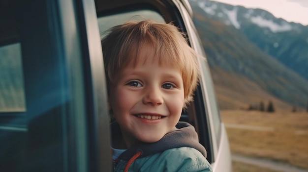 Generative AI joyful young boy driving over the highlands