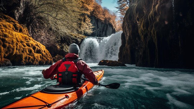 Generative AI kayak raft river waterfall extreme sport concept whitewater kayaking