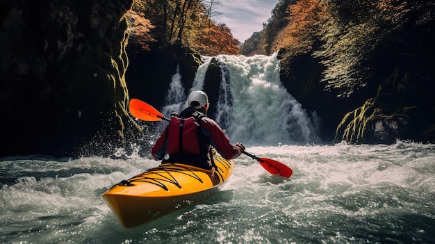 Generative AI kayak raft river waterfall extreme sport concept whitewater kayaking