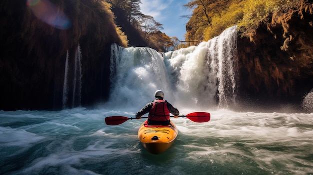 Generative AI kayak raft river waterfall extreme sport concept whitewater kayaking