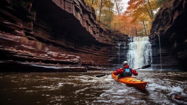 Generative AI kayak raft river waterfall extreme sport concept whitewater kayaking