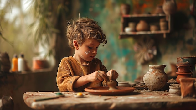 Generative AI kid hands with clay making of a ceramic pot in the pottery workshop studio