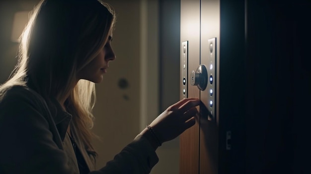 Photo generative ai lady locks a smartlock on the main door with a smartkey