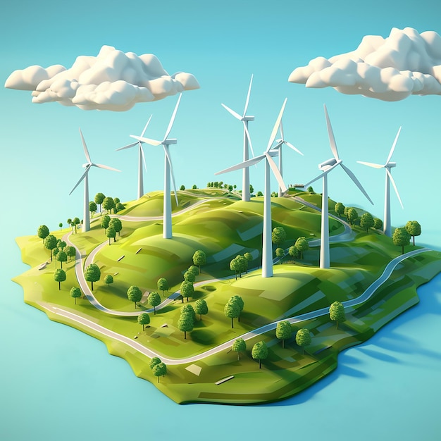 Generative AI a landscape in 3D isometric style representing wind turbines in a field