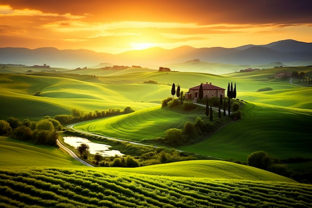 Generative AI landscape illustration of Tuscany valley in Italy at sunset timeNature concept
