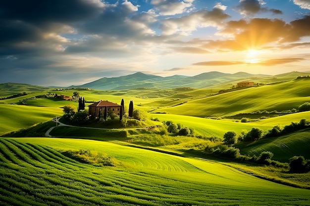 Generative AI landscape illustration of Tuscany valley in Italy at sunset timeNature concept