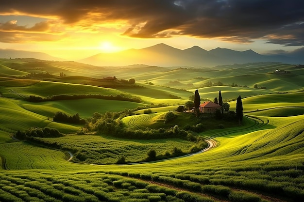 Generative AI landscape illustration of Tuscany valley in Italy at sunset timeNature concept