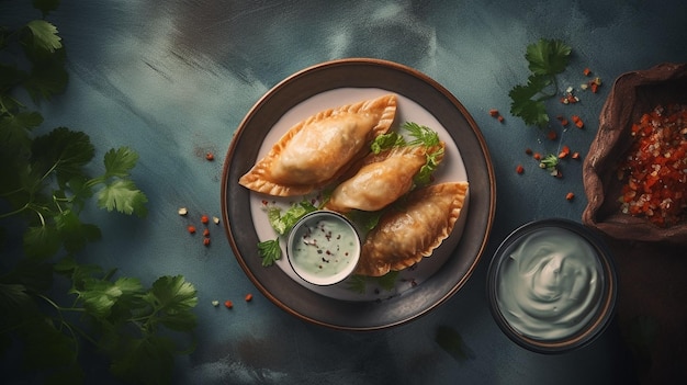 Generative AI Latin American fried empanadas with tomato and avocado sauces Top view