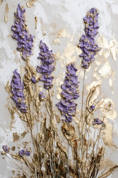 Generative AI lavender branches hand drawn oil painting with golden leaves on white background