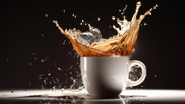 Generative AI a liquid coffee wave splashing out of a white cup mug