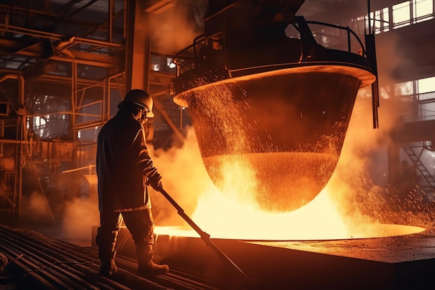 Generative AI Liquid iron molten metal pouring in container industrial metallurgical factory found