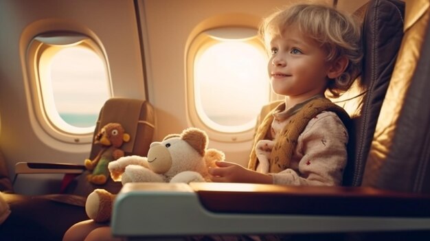 Generative AI Little Boy Playing With Toy Plane In Commercial Jet