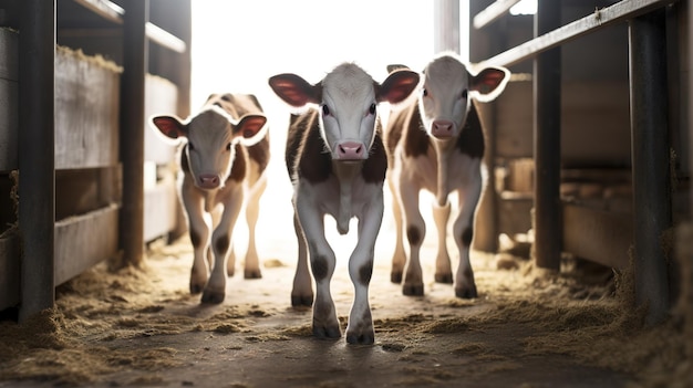Генеративный ИИ маленькие телята смотрят в камеру на ферме младенцы коров