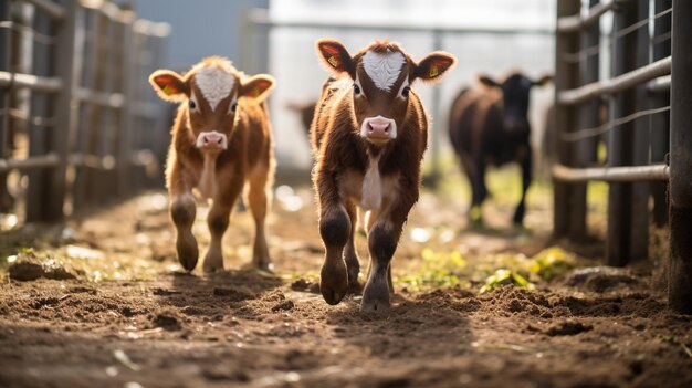 Generative AI little calfs looking at the camera on a farm baby cows