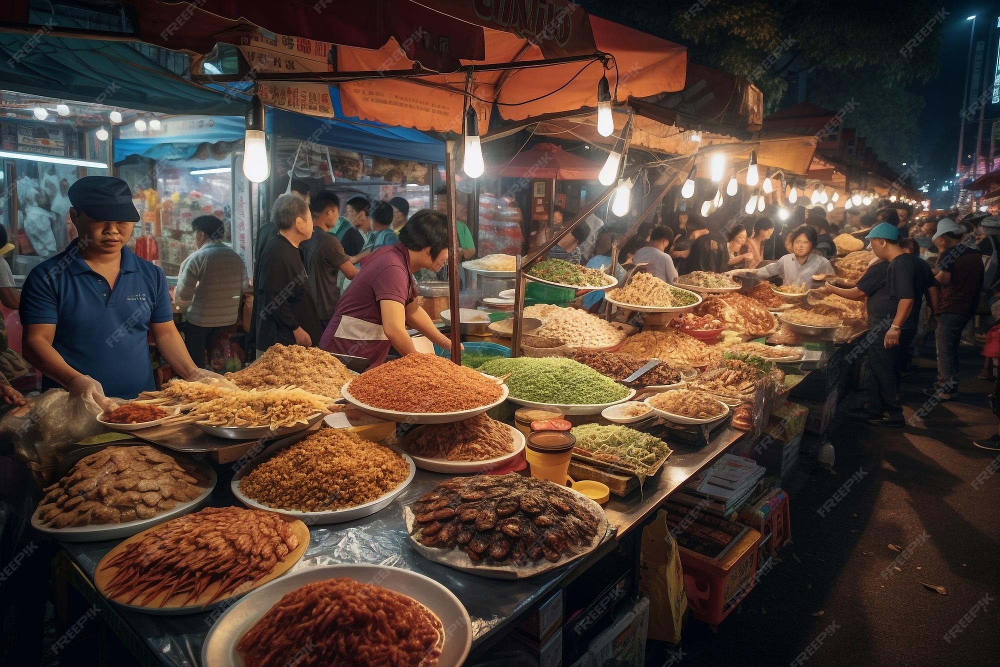 Premium AI Image | Generative ai lively asian street food market at night