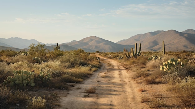 Generative AI lonely road in the desert aesthetic muted neutral colors cacti plants