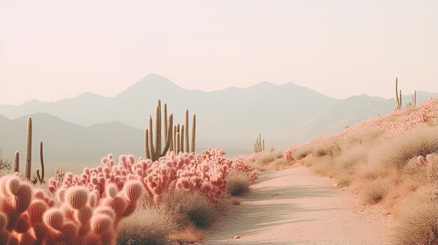 Foto generativa ai strada solitaria nel deserto estetica colori neutri silenziati piante di cactus